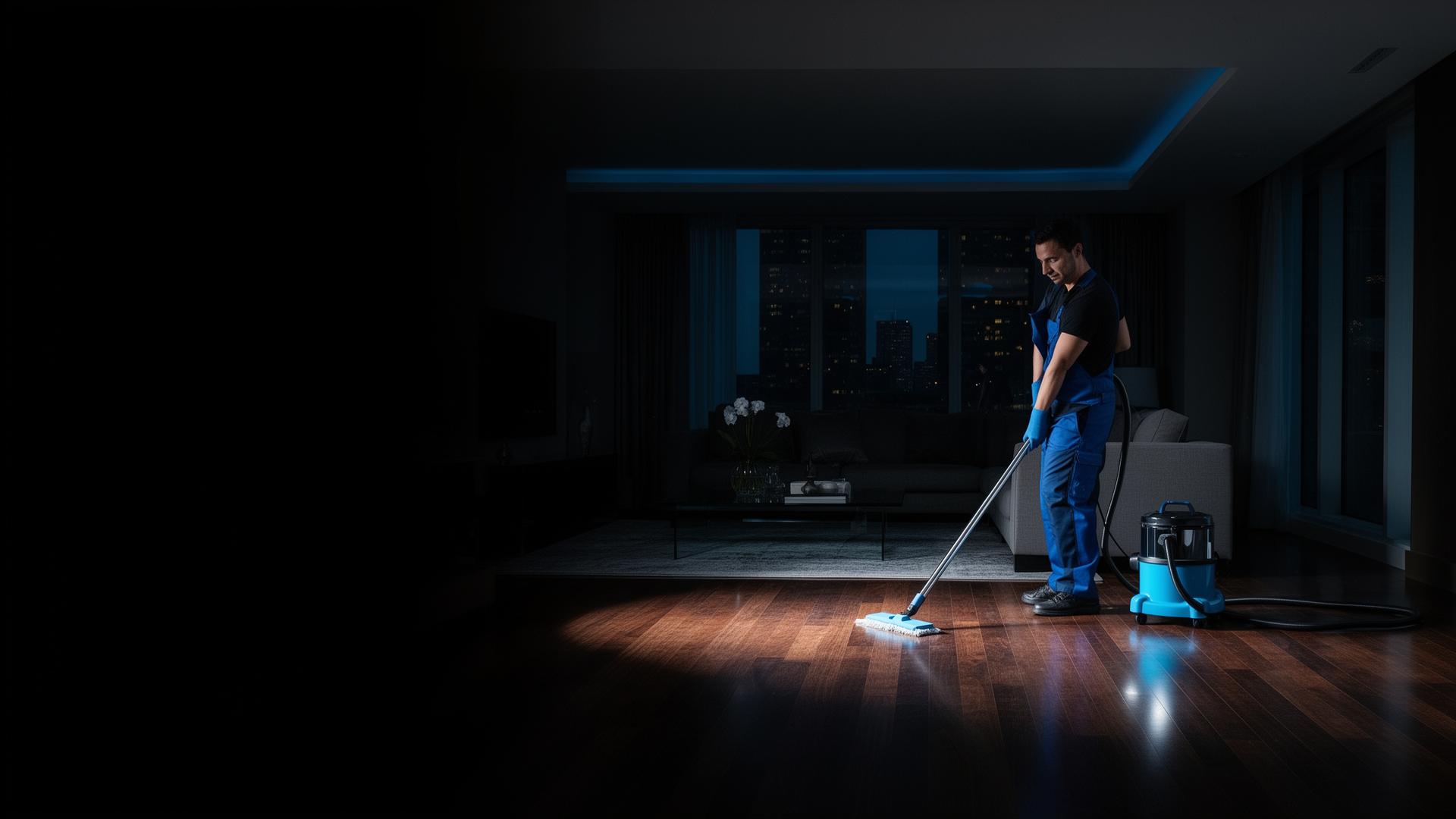 Professional cleaner servicing a modern Toronto living room